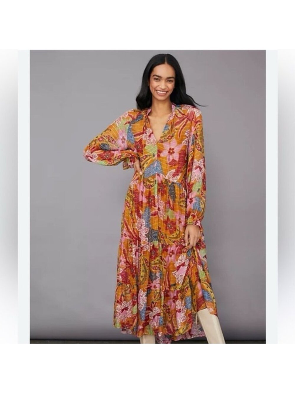 NEW FARM RIO banana floral beaded maxi dress medium